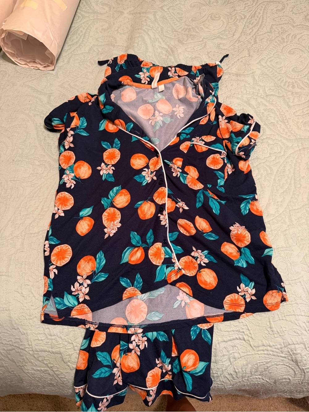 Women’s Navy Orange Floral Short Pajama Set: Small (4-6)